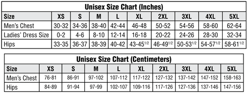 DL172 Unisex Short Length, Short Sleeve Jacket (34") Size Charts